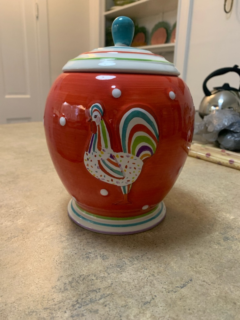 Colorful Rooster Ceramic Canister - Red with white dots